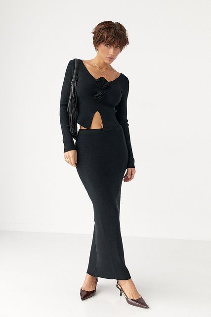 Приталений костюм в рубчик з кофти та спідниці - чорний цвет, ONE SIZE (є розміри) 25128 фото