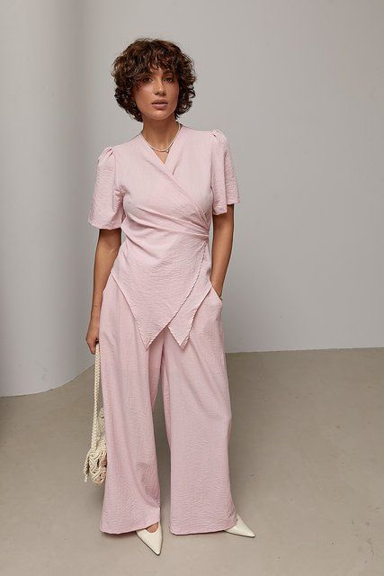Однотонний костюм із блузи на запах та широких штанів - рожевий цвет, ONE SIZE (є розміри) 70430 фото